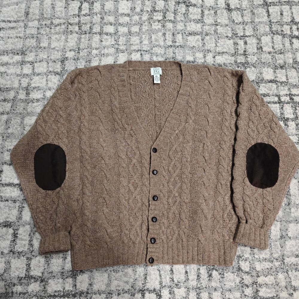 ​Vintage Field Gear 100% Pure Wool Cable Knit Cardigan Elbow Patches Men's XL